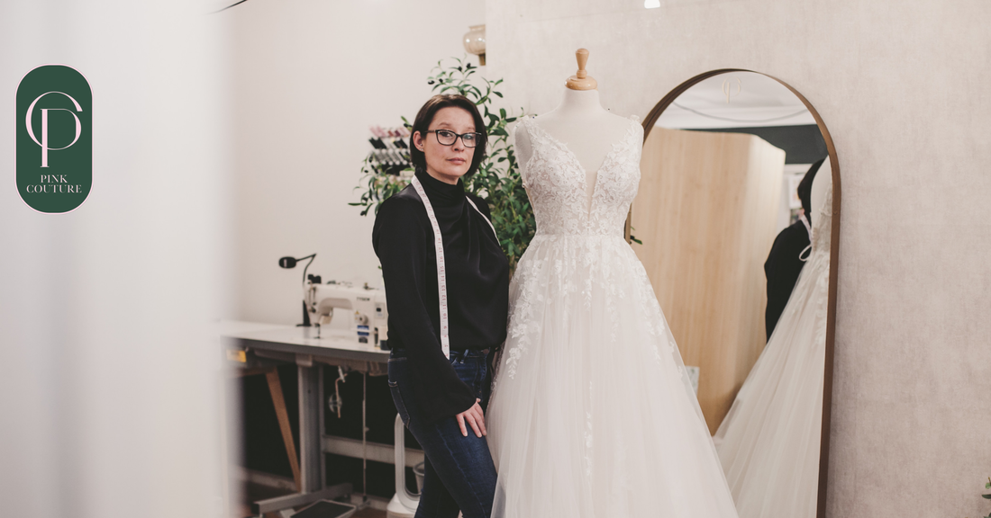 Gemma Slater Norfolk Bridal seamstress in the Pink Couture studio near Norwich, Norfolk